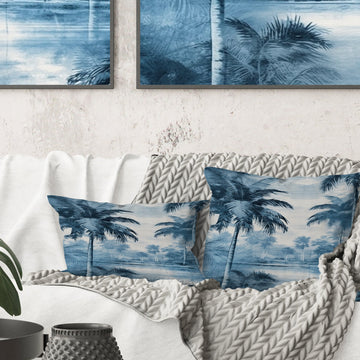 Vintage Blue Palm Trees Shadows I - Palms & Palm Trees Throw Pillow